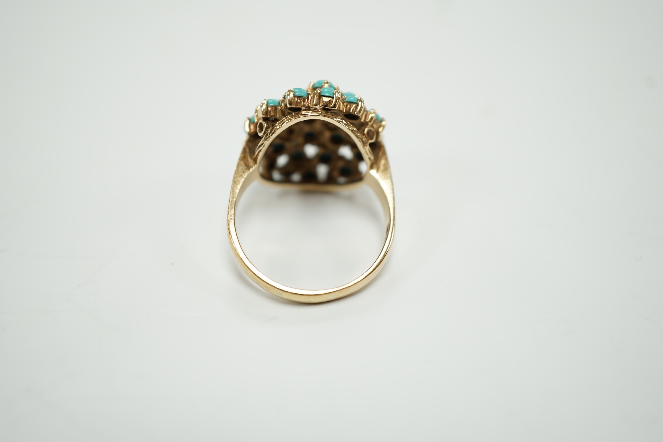 A 9ct gold and turquoise bead cluster set dress ring, size S, gross weight 6.3 grams.